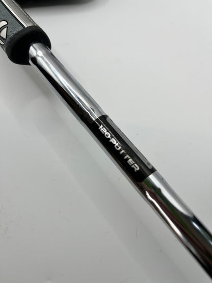 Close-up of a golf club shaft with '120-putter' branding on a white background